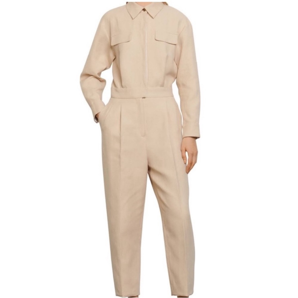 Sandro Uno Pleated Cotton And Linen-blend Twill Jumpsuit In Beige - Picture 2 of 11